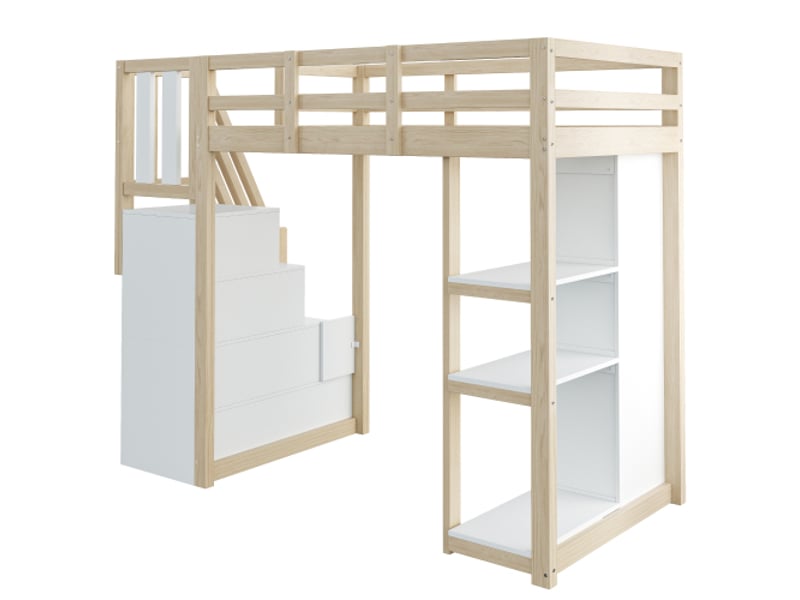  Lit mezzanine 90x200 cm en bois massif – tiroirs, étagères intégrées, échelle sécurisée, finition naturelle  - Conforama E