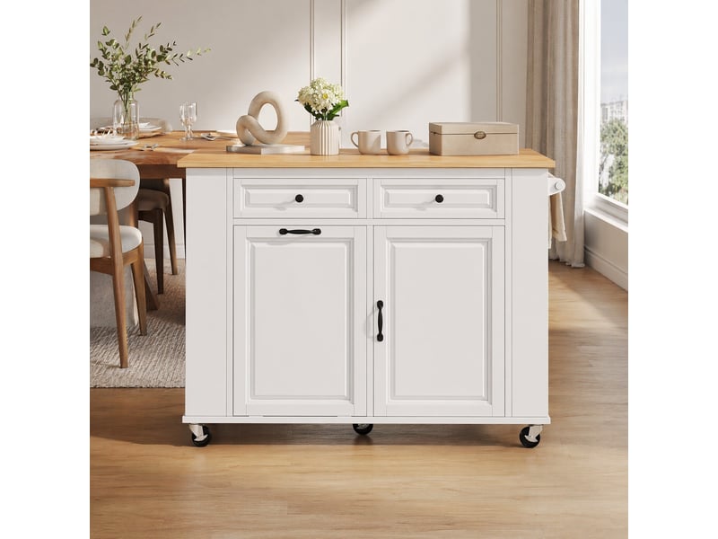 Desserte de cuisine avec portes, plateau rabattable, prises et compartiment poubelle, en mdf, 120×40-70×92 cm, blanc  - Conforama B