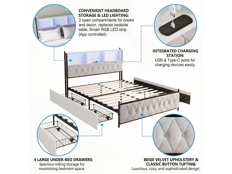  Dreammespace lit coffre rangement 160x200 cm - lit double avec 4 tiroirs &amp; tête de lit étagère led prise usb, velours beige DreamMespace - Conforama D