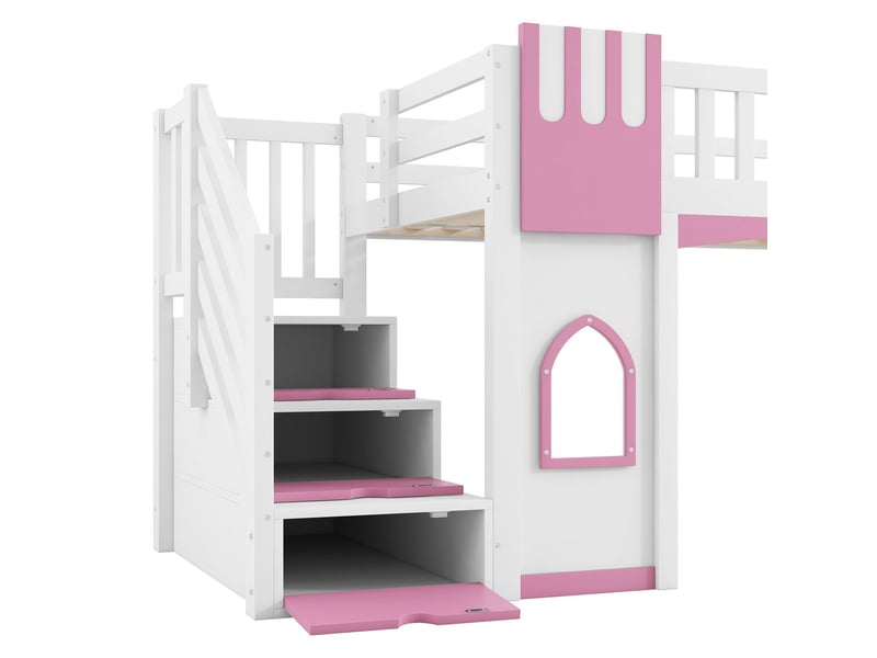  Lit mezzanine 90 x 200 cm escalier de rangement fenêtre intégrée blanc et rose structure en hauteur  - Conforama D