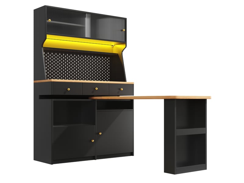  Buffet haut avec bureau intégré-armoire multif. Led-table de bar planche perforée-portes vitrées étagères régl-137x74x177,7cm-noir  - Conforama A