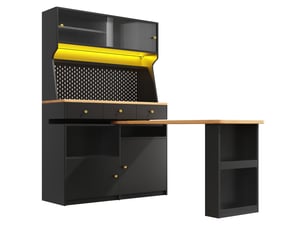 Buffet haut avec bureau intégré-armoire multif. Led-table de bar planche perforée-portes vitrées étagères régl-137x74x177,7cm-noir