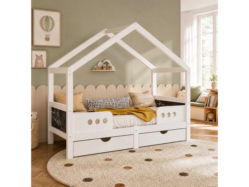  Lit enfant 90x200 cm avec toit et 2 tiroirs en bois et mdf blanc  - Conforama D