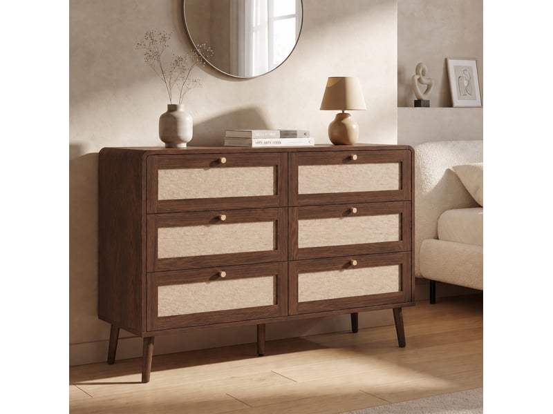  Commode tcqpz 6 tiroirs 120 x 40 x 80 cm mdf finition noyer panneaux effet rotin  - Conforama B