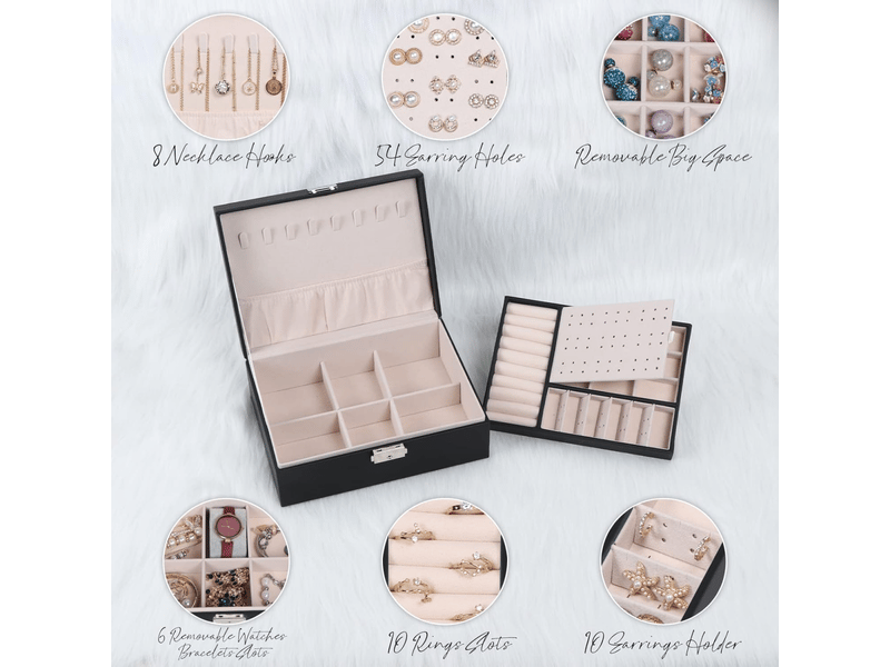 Boîte à bijoux pour femme, coffret à bijoux en cuir verrouillable de 2 couches organisateur à bijoux, petit jewelry stockage cas rangement(noir) - Conforama C