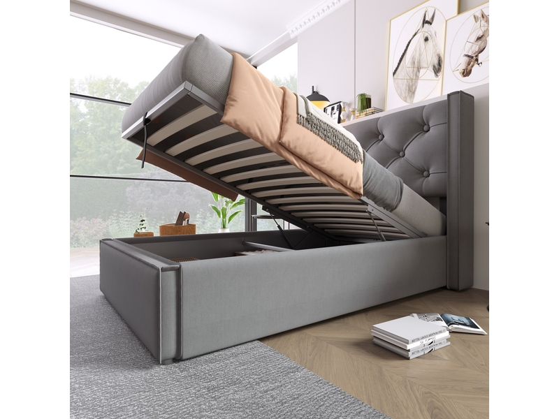  Lit coffre rembourré 90 x 200 cm en tissu coton gris, sommier à lattes, tête de lit capitonnée 830607AAG - Conforama E