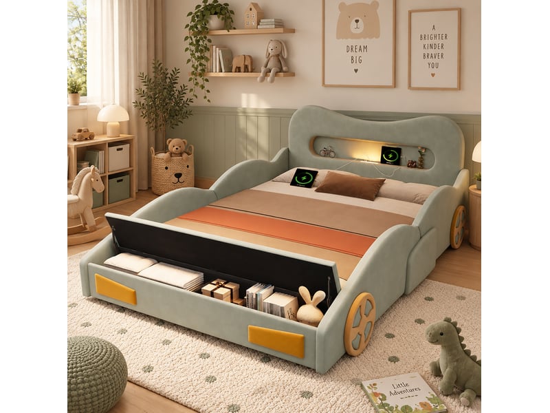  Lit enfant voiture 140x200 cm, coffre au pied, liseuse, prise de charge, velours vert, sans matelas  - Conforama D