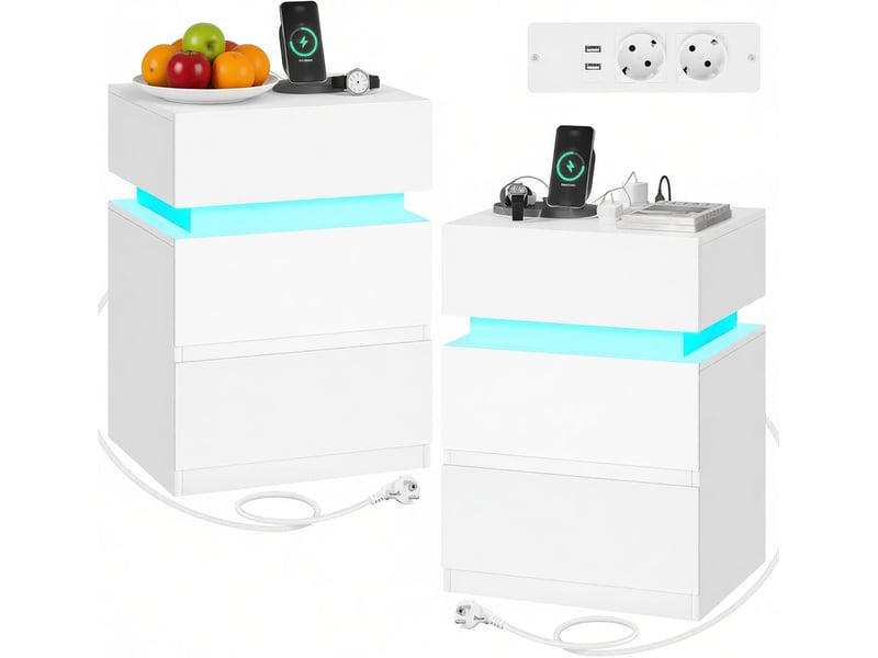  Lot de 2 tables de chevet,35x40x55 cm,avec led et station de charge,blanches  - Conforama A