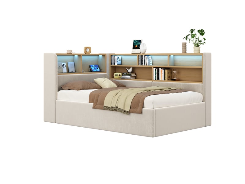  Lit banquette 90x200 cm – beige – coffre hydraulique, led, usb et type-c avec rangements - sans matelas  - Conforama A