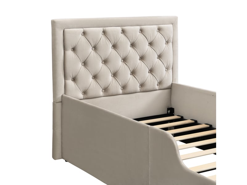  Lit coffre 90 × 200 cm, sommier à levage hydraulique, tête et pied capitonnés, côtés rembourrés, velours, beige  - Conforama E