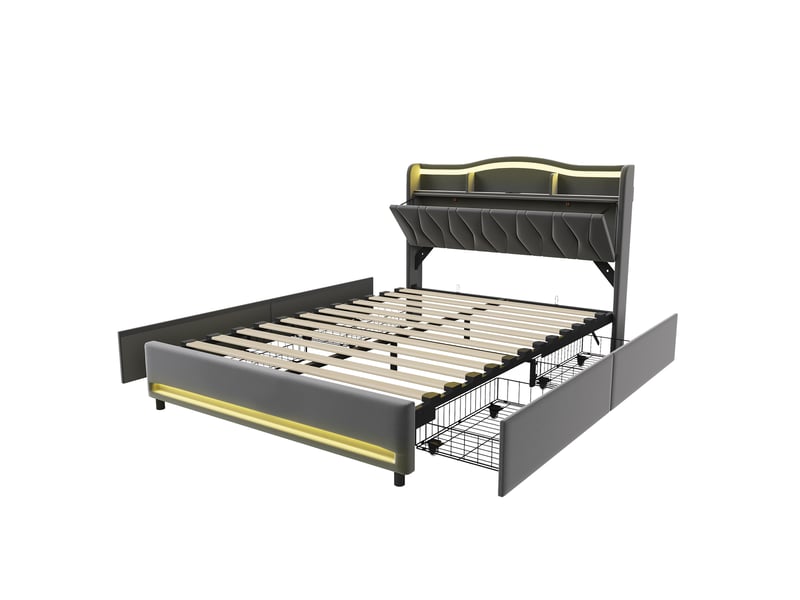 Lit 160x200 cm en tissu polaire gris, tête de lit avec rangement, ports de recharge usb‑c, éclairage led rgb, 4 tiroirs de rangement, sommier à lattes inclus - Conforama W