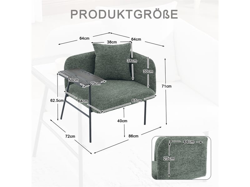  Fauteuil de salon moderne avec table d'appoint - 86x72x71cm - design avec poches de rangement et cadre métal - émeraude  - Conforama E