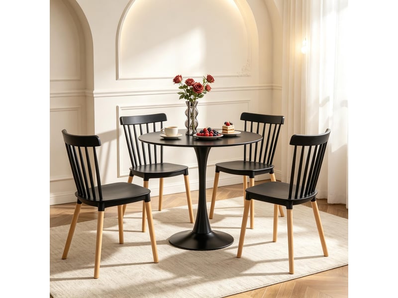  Lot de 4 chaises de salle à manger dossier ajouré  - pieds en hêtre, pp noir naturel - 48 × 52,5 × 83 cm  - Conforama C
