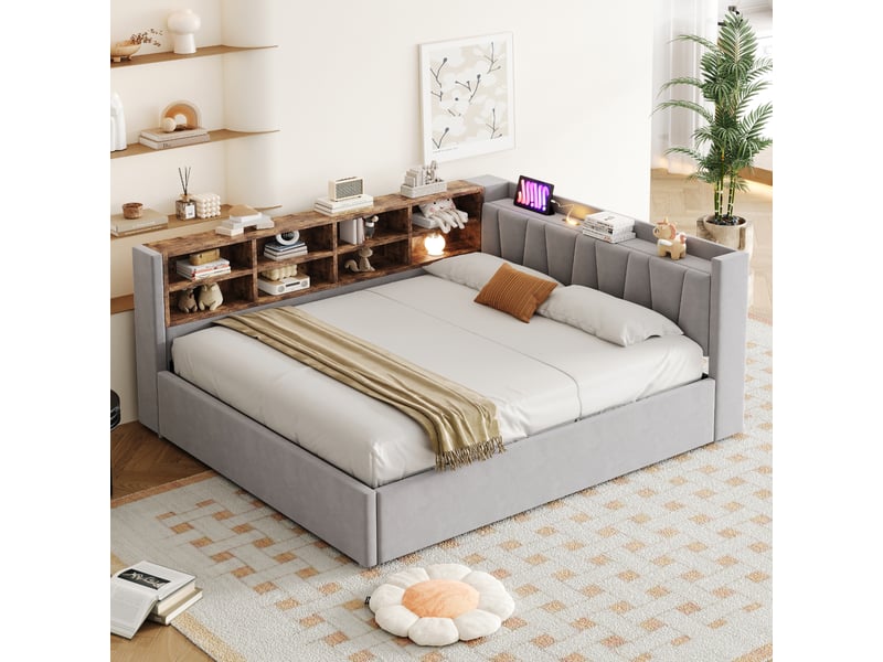  Lit banquette enfant 140 x 200 cm avec rangement hydraulique, veilleuse, usb et type-c, velours gris clair Fay Lum - Conforama D