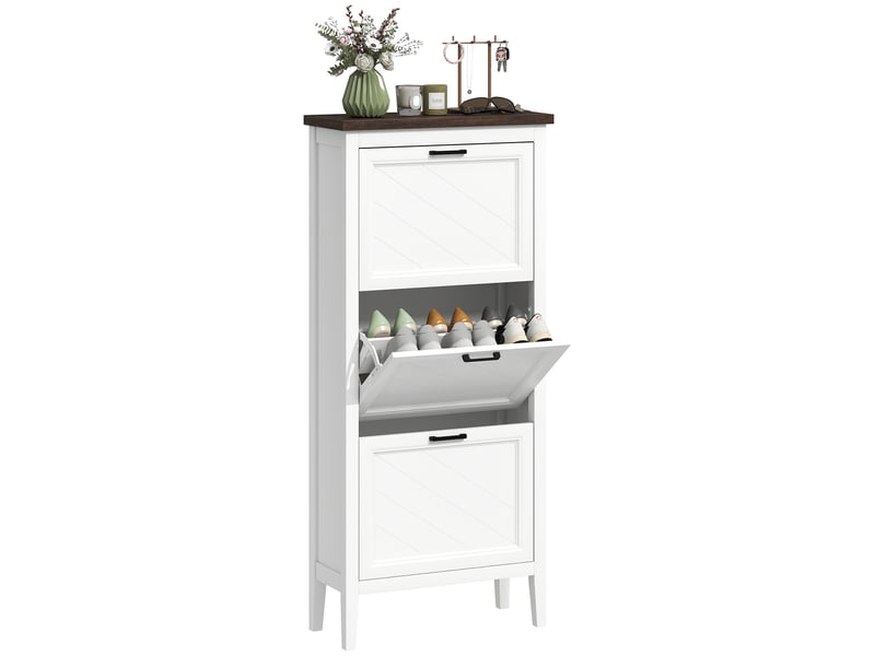  Meuble à chaussures 18 paires, armoire à chaussures étroite avec 3 tiroirs rabattables et étagères réglables, blanc  - Conforama A