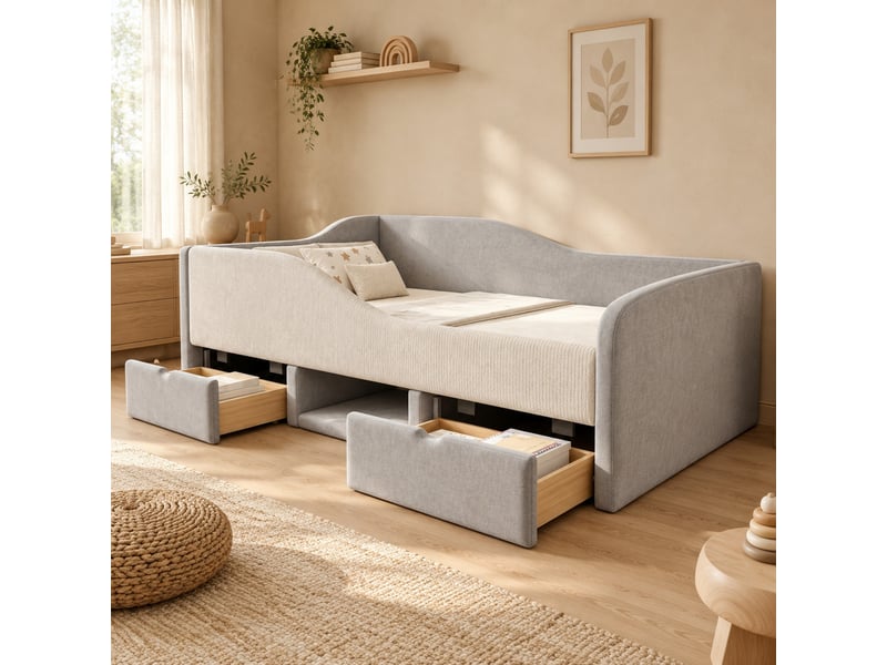 Lit enfant 90 × 190 cm avec barrières, 2 tiroirs, rangement ouvert et compartiment à chaussures, sans matelas, gris - Conforama C