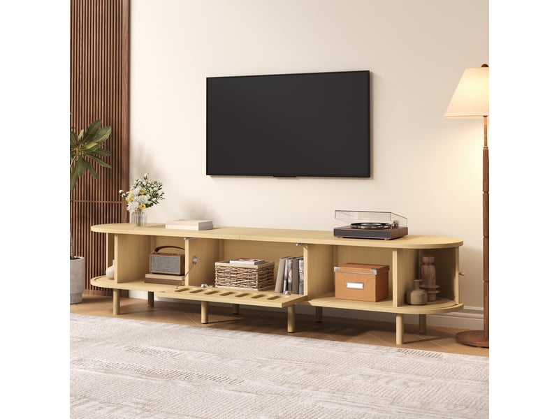  Meuble tv 180 x 40 x 40 cm – bois clair – façade effet rotin, portes roulantes et rangement fermé  - Conforama D