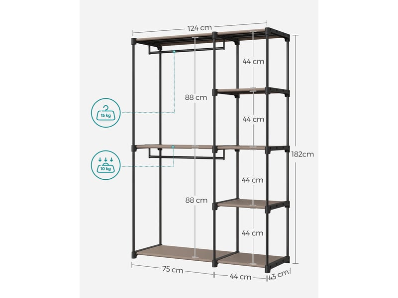  Armoire de rangement 124 x 43 x 182 cm avec étagères et tringles design moderne chambre en tissu taupe 12_0011535  - Conforama B