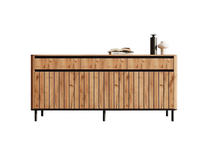  Buffet bas 160x40x73 cm,3 portes à lamelles,3 tiroirs,6 pieds en métal,bords arrondis,mdf effet chêne,salon salle à manger  - Conforama A