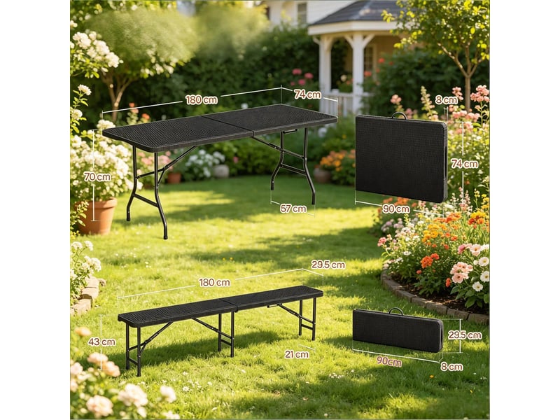  Salon de jardin pliant,180x70x74 cm,avec 1 table et 2 bancs,hdpe,noir  - Conforama C