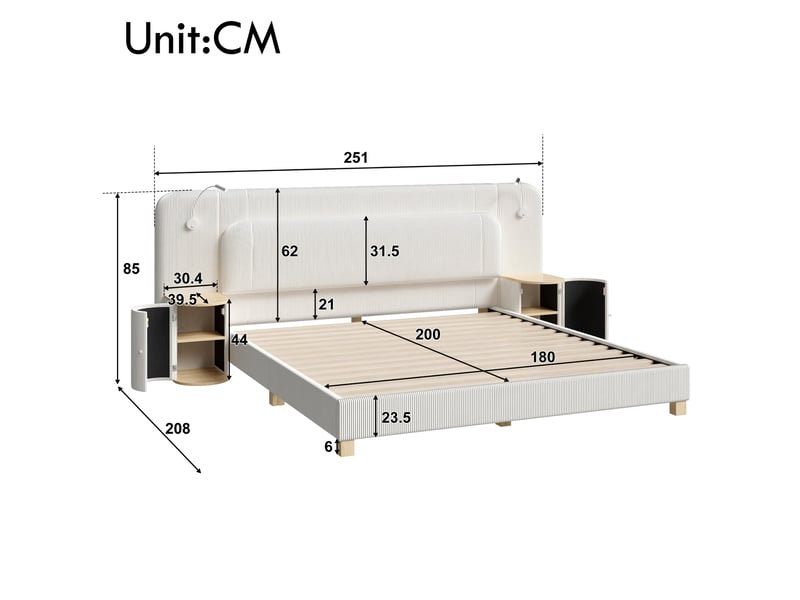 Lit 180x200 cm en velours côtelé avec sommier à lattes, tables de chevet et éclairage led beige chicfurn - Conforama D