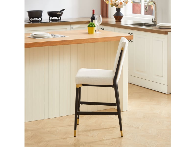  Tabourets de bar 59x49x102 cm lot de 2, style scandinave, repose-pieds rectangulaire, métal et tissu, beige et noir  - Conforama D