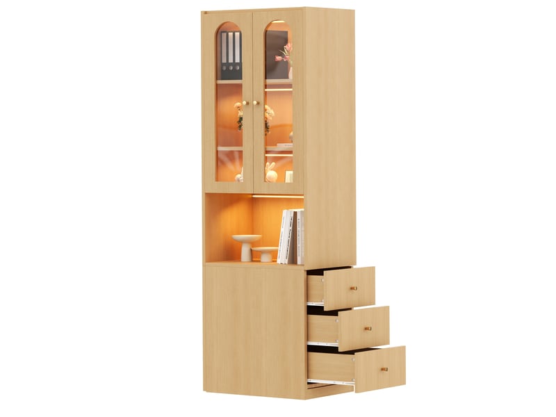  Bibliothèque haute 60 x 40 x 200 cm – chêne – vitrine en verre trempé, led multicolore et tiroirs  - Conforama A