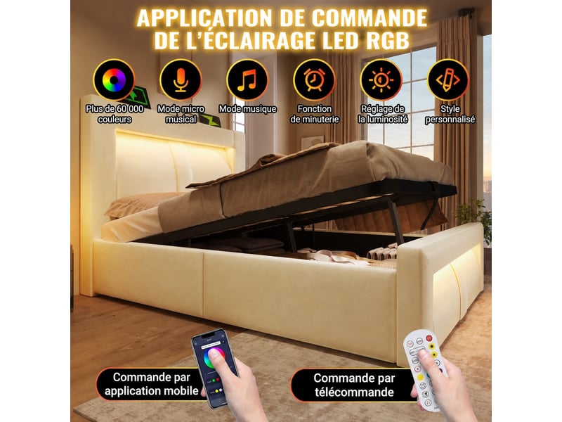  Lit coffre 140x200 cm à ouverture hydraulique en velours beige  - Conforama E