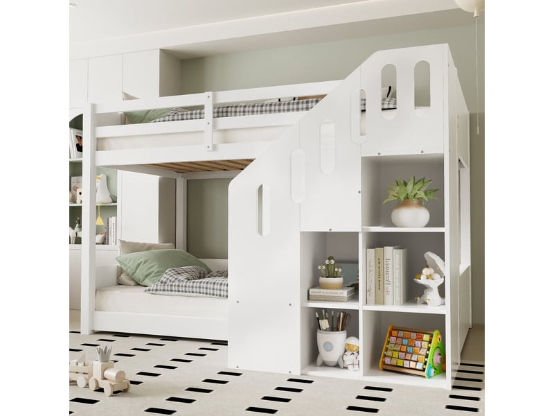 Lit superposé blanc avec rangement escalier, 90 x 200 cm - Conforama E