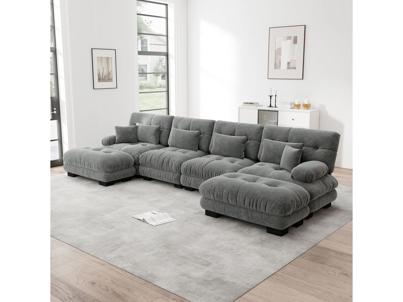 Canapé modulaire 4 places avec ottomans mobiles et assise profonde, composition en u ou d'angle, en chenille grise - Conforama D