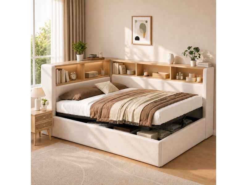  Lit coffre 140 x 200 cm, lit rembourré, canapé-lit avec led, usb et dossier, velours, beige  - Conforama D