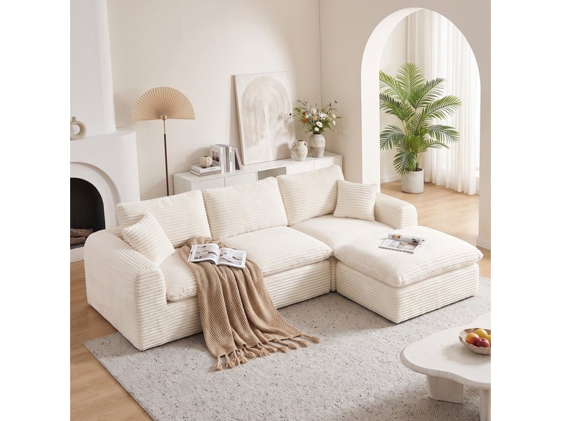 Canapé d’angle modulable 4 places 280 cm, 3-en-1, sans cadre rigide, mousse et ressorts, couchage d’appoint, velours côtelé, beige Morn Vibe - Conforama C