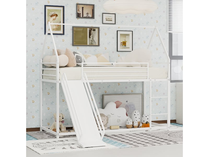 Lits superposés cabane 90x190 cm avec toboggan et escalier, barrières de protection, structure en métal, blanc OMNIGLINT TRADING LTD - Conforama B