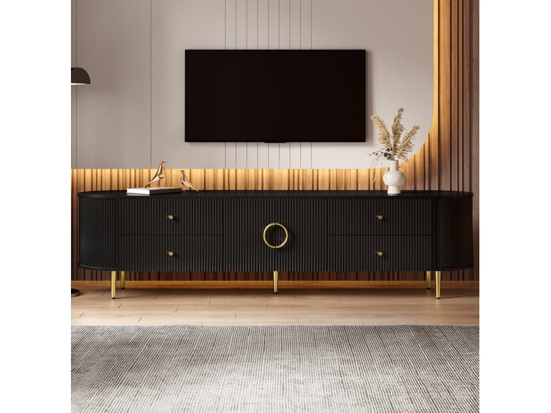  Meuble tv avec 2 tiroirs, 2 portes, étagère fixe et passe-câbles, bords arrondis pour salon en mdf noir  - Conforama D