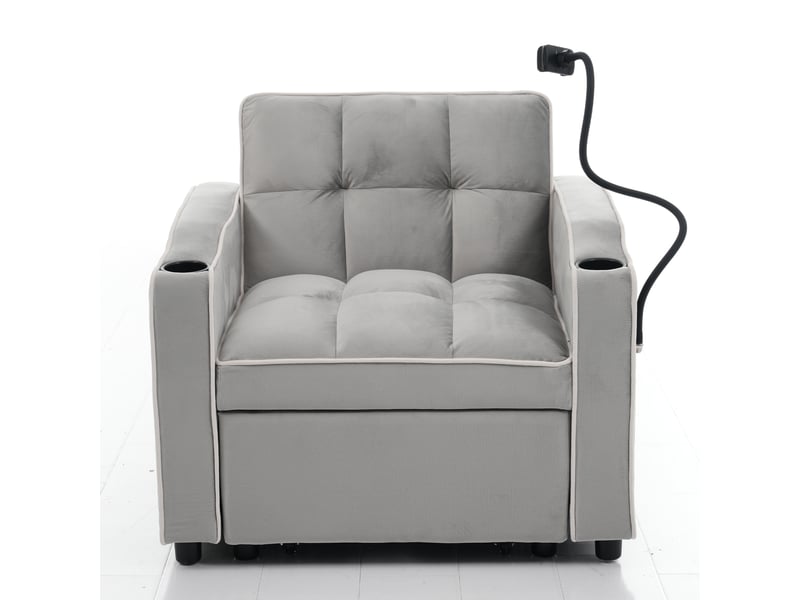  Fauteuil convertible 1 place, canapé-lit 3 en 1 en velours gris, dossier inclinable avec porte-gobelets et support téléphone, 83x167x76cm.  - Conforama C