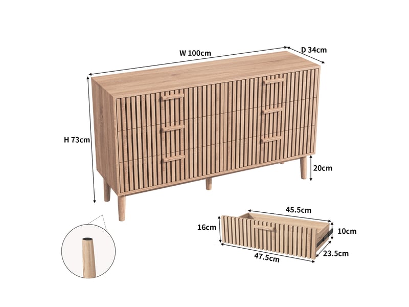Commode 6 tiroirs, meuble de rangement 100x34x73cm, avec dispositif anti-basculement, en bois, style naturel, couleur bois - Conforama E