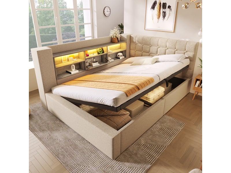  Lit coffre rembourré 140x190 cm, rangement hydraulique, tête de lit en l réversible avec étagères, led multicolore, usb rapide et type-c, lin beige Radiant Stride - Conforama B