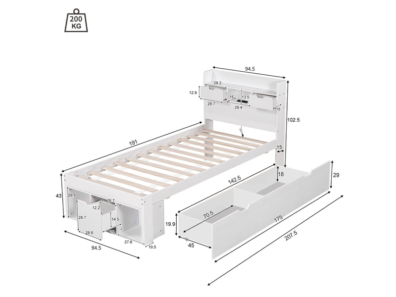  Lit simple 90x190 cm blanc - port usb, tiroir intégré, grand rangement, matelas non inclus  - Conforama C
