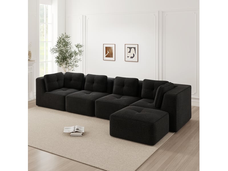  Canapé modulable en l 4 places 386x177x69 cm, coussins doux sans armature, assise profonde, tissu en velours côtelé, noir  - Conforama E
