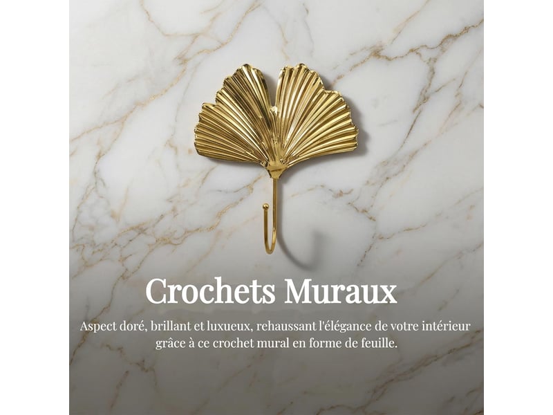  Crochets muraux dorés feuille métal ginkgo 4 pcs pour entrée salon chambre, supports robustesse anti-rouille, multifonction pour clés manteaux, jaune  - Conforama C