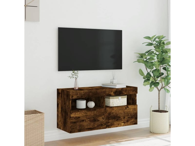  Meuble tv - banc tv - meuble de rangement mural avec lumières led chêne fumé 80x30x40 cm  - Conforama E