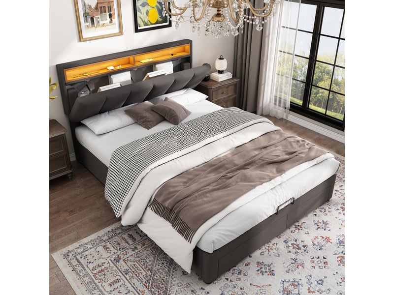  Lit 2 personnes rembourré 140x190 cm avec lumières led - 2 tiroirs - rangement de chevet - cadre de lit coffre hydraulique - lit double  avec sommier à lattes et tête de lit capitonné - 2 places - simple - lin gris - sans matela…  - Conforama D