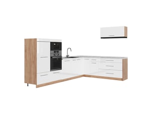 Vicco cuisine en angle, blanc haute brillancechêne de force doré, 327 x 227 cm, pt marbre