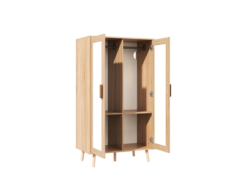 Armoire 2 portes avec penderie, rangement compact pour chambre et chambre d’enfant, finition blanc et effet bois naturel, meuble moderne et pratique, design moderne OPULERANE TRADING LTD - Conforama D