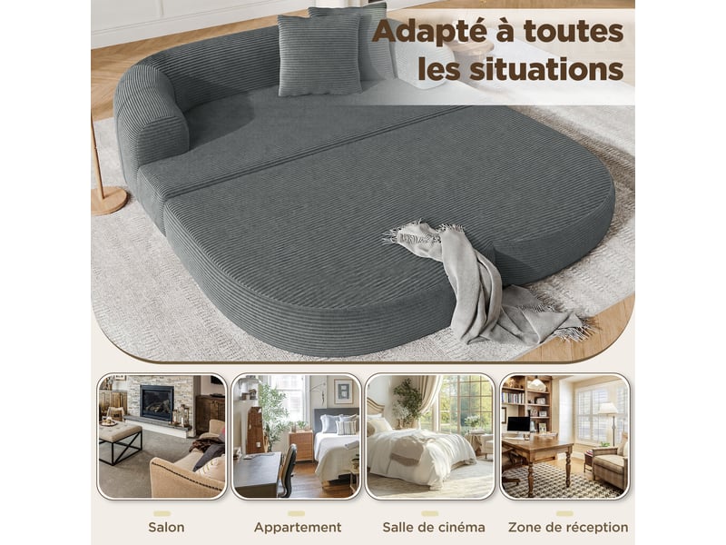  Canapé 2 places en velours côtelé, convertible en lounge, sans montage, accoudoir amovible avec porte-gobelets  - Conforama R