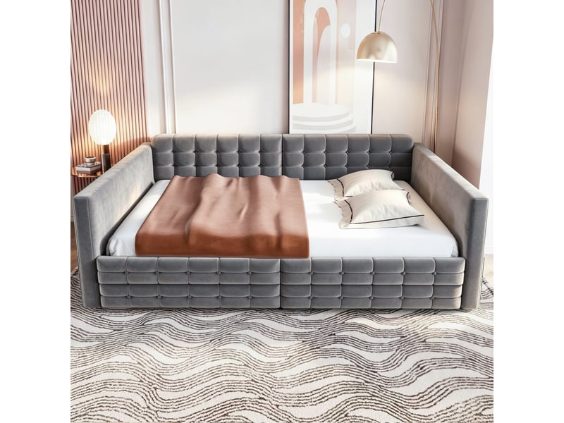  Canapé-lit 140x190 cm, lit d'appoint, couchage d'appoint, 2 tiroirs, velours gris  - Conforama D