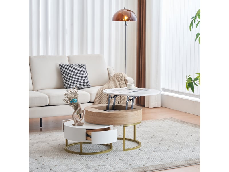  Ensemble de 2 tables basses dorées à plateau relevable et 2 tiroirs – design contemporain et fonctionnel  - Conforama B