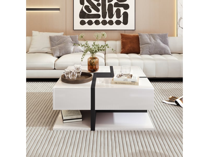 Table basse carrée avec 4 tiroirs et étagère ouverte, finition brillante, en panneaux de particules, blanc - uvrion  - Conforama C