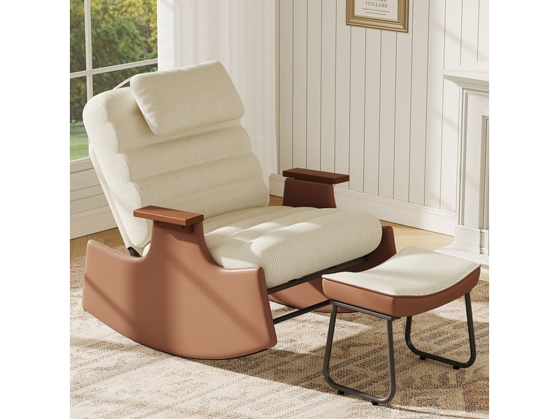  Fauteuil à bascule en velours côtelé avec repose-pieds - 81.5 x 51.5 x 81 cm-beige - chaise berçante ergonomique avec dossier réglable  - Conforama D