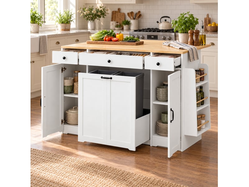  Desserte de cuisine 3 tiroirs 2 portes 136x65x90 cm en mdf blanc et naturel  - Conforama W